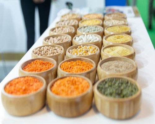 A variety of colorful organic spices and lentils in small bowls representing healthy kitchen ingredients